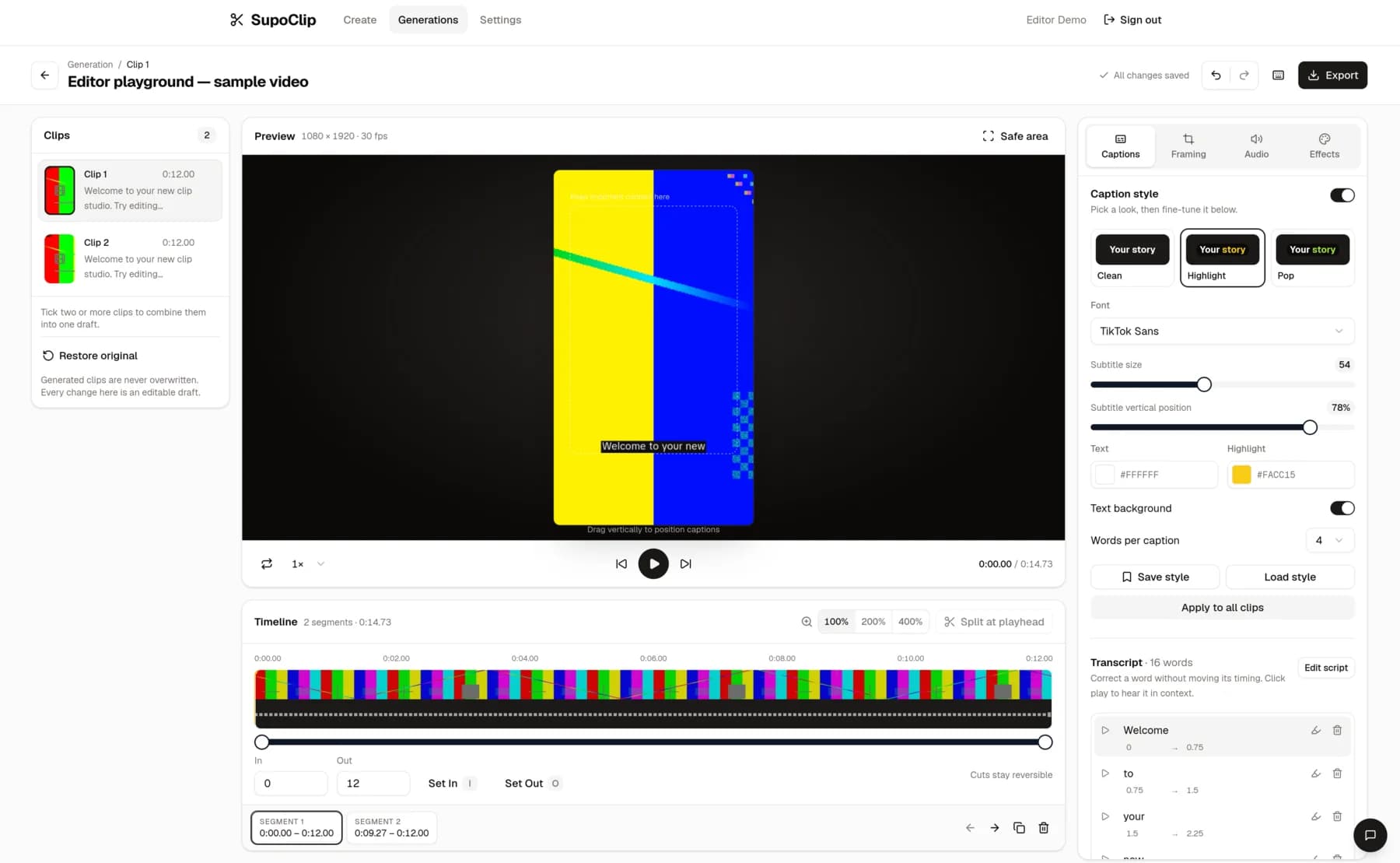 SupoClip caption editor showing style controls, a word-level transcript, and safe-area preview